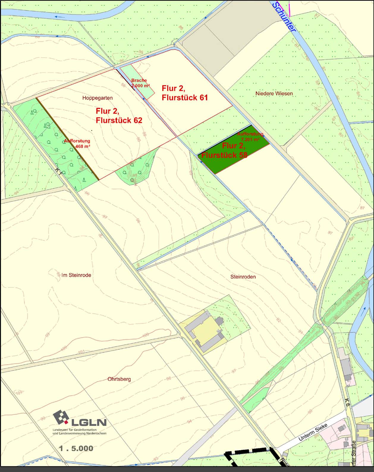 Ausgleichsmaßnahme und Ersatzaufforstung, Glentorf, Flur 2, Flurstücke 58, 61 und 62